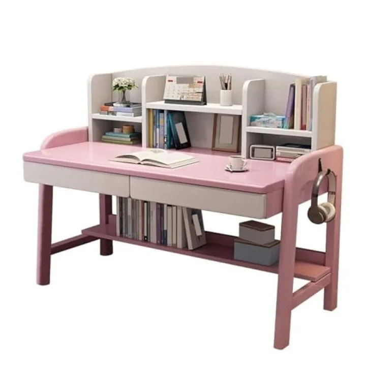 Wood Writing Desk with Storage Drawers and Bookshelf Mid-Century Computer Desk Height-Adjustable Small Desk with Storage Study Table Home Office Desk(Pink,120cm)