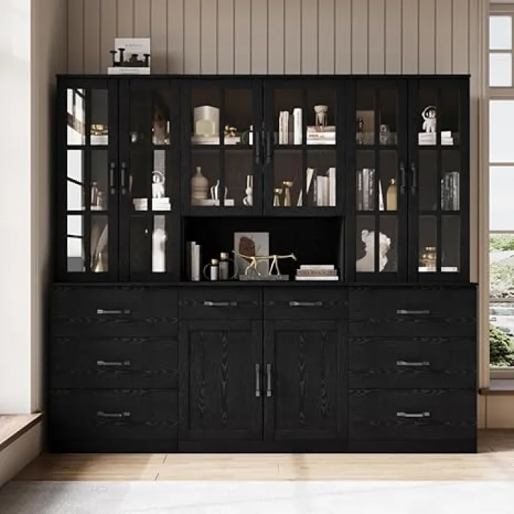 VOWNER Bookcase with Glass Door, 5-Tier Modern Bookshelves with 3 Large Drawer, Glass Display Cabinet with Lager Storage Shelf, Combination Storage Shelves for Home Office (Black)