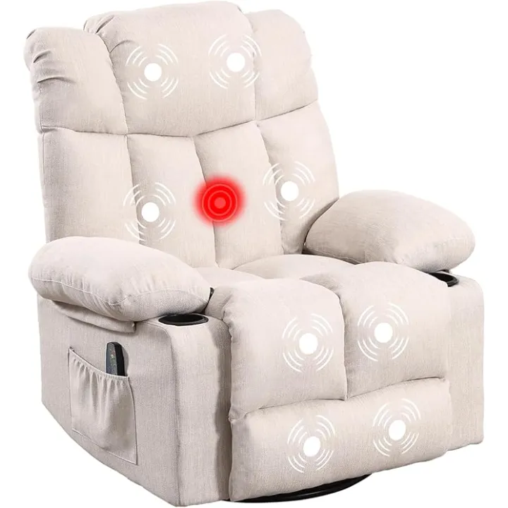Massage Recliner Chair, 360° Swivel Rocker Recliner with Heat and Massage, Living Room Chairs with Side Pockets Padded Seat Backrest, Comfy Chairs for Living Room (Beige)