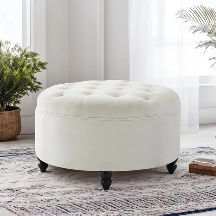 30-Inch Round Storage Ottoman,Modern Button Circle Storage Coffee Table with Removable Lid Top,Upholstered Large Footrest Stool for Bedroom,Living Room,Ivory