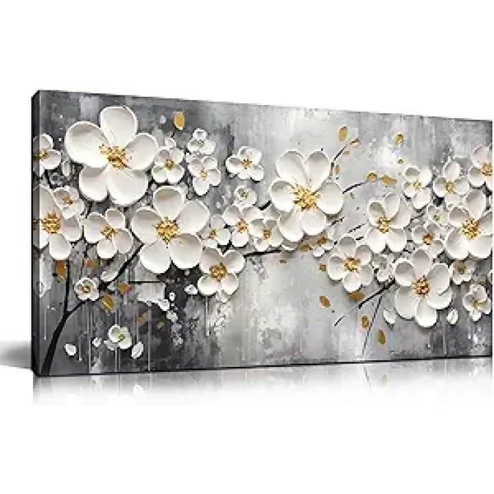 Flower Pictures Wall Art for Bedroom Women - White Canvas Wall Art for Living Room - Girls Room Decor Ready to Hang Size 20" x 40"