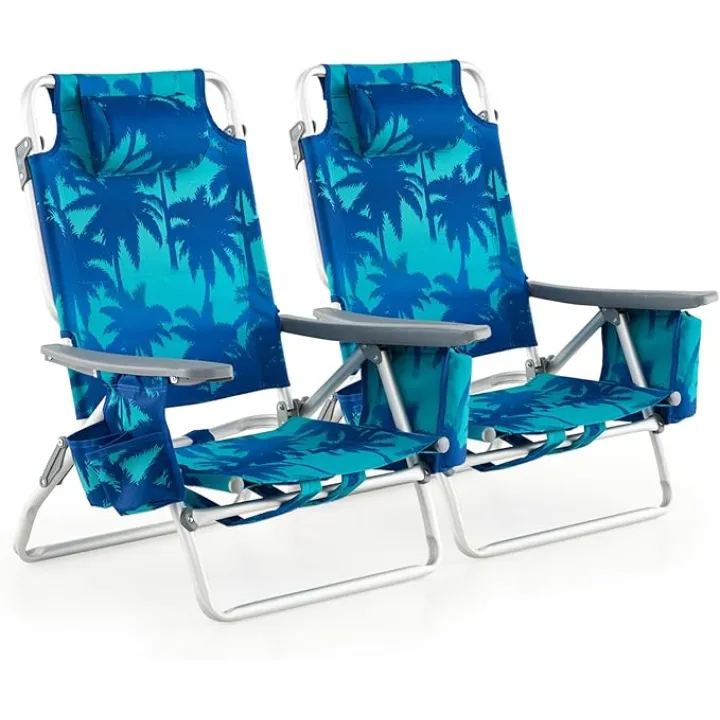 GYMAX Beach Chairs, 2-Pack Backpack Camping Chair with Armrest, Cooler Bag, Cup Holder, Towel Bar & Side Pockets, Sunbath Sling Tanning Lounge, Folding Layout Chair (Without Table, Coconut Tree)