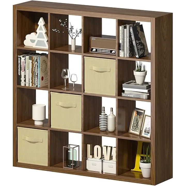 Bookshelf with Storage Bins, 16-Cube Storage Organizer Sturdy Wooden Cube Bookcase Horizontal Bookshelf with Storage, Furniture for Living Room Bedroom Office, Classic Oak