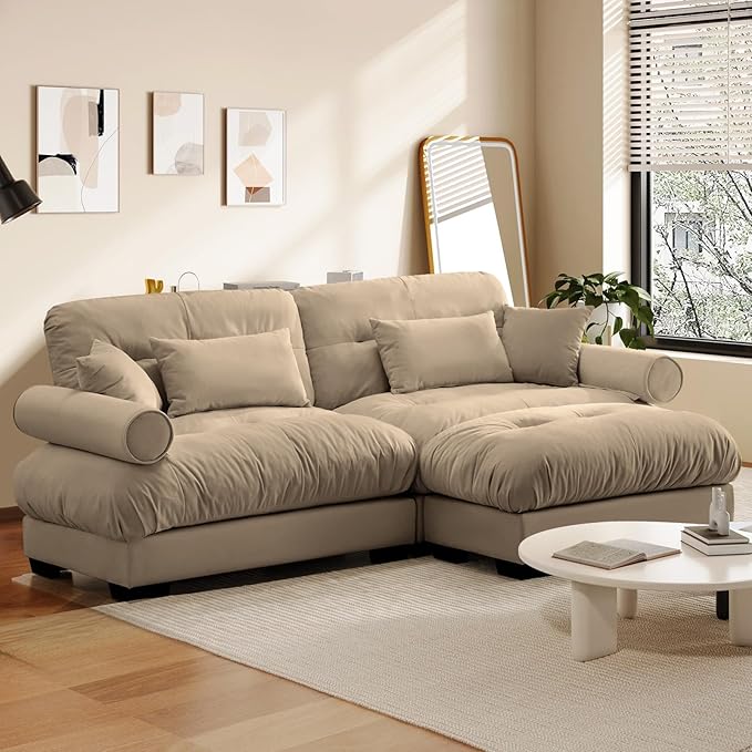 93.7" Modern Oversized Modular Sectional Sofa 2-Seater Loveseat L-Shaped Cloud Couch with Ottoman,Pillows and Overthick Cushion for Living Room,Home Theater,Apartment,Velvet,Camel