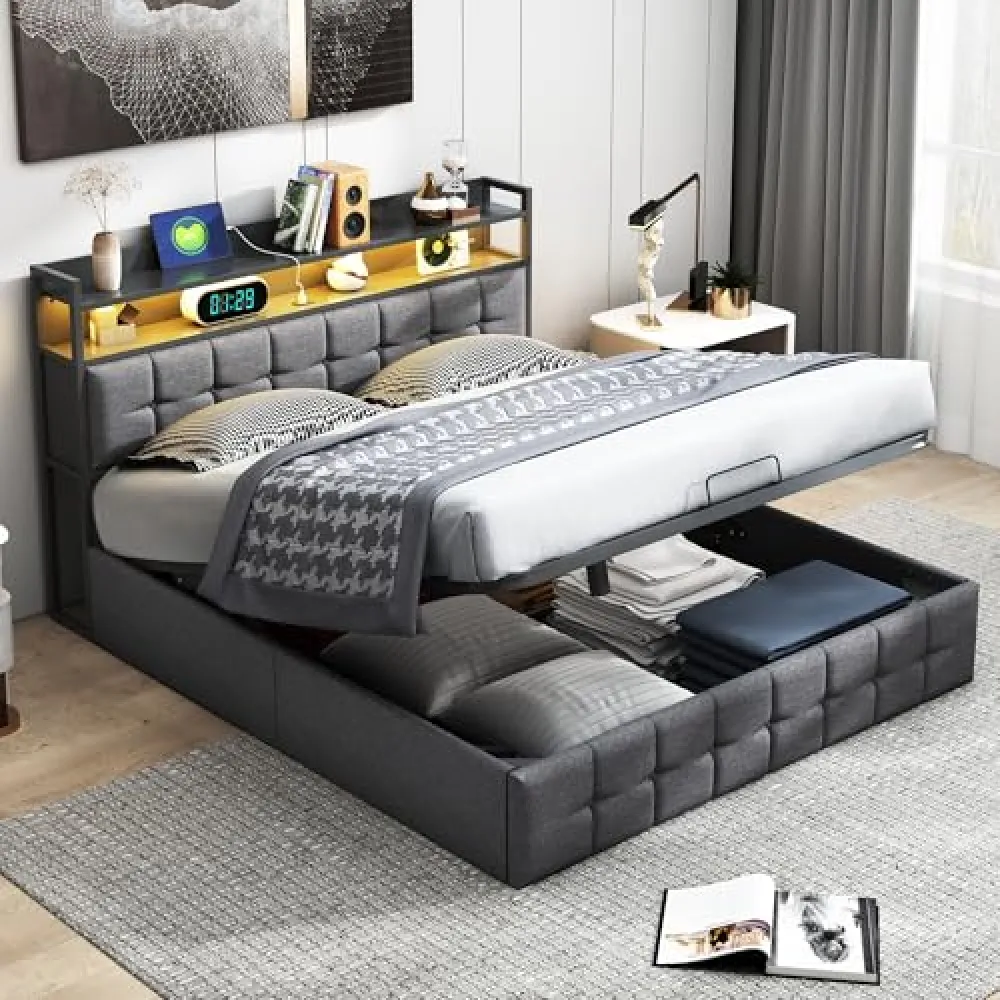 RTYUSWL Struttura per letto matrimoniale imbottita sollevabile, con luce a LED e 2 potrs USB, struttura del letto sollevabile idraulica in PU, schienale e piattaforma con contenitore (grigio, 140 x