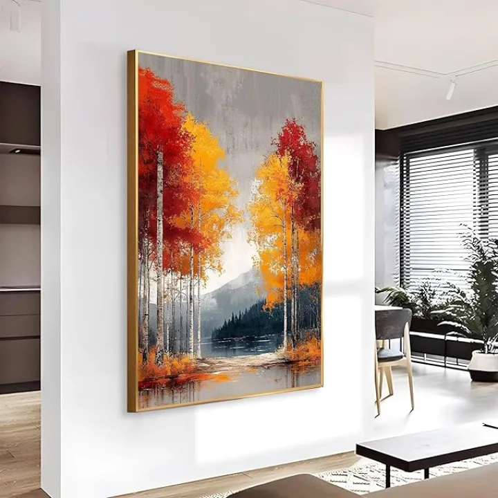 Gueeclk Birch Trees Autumn Tree Canvas Wall Art, Framed, 15"x24" | 40x60cm, Modern, Vertical, Nature, Living Room