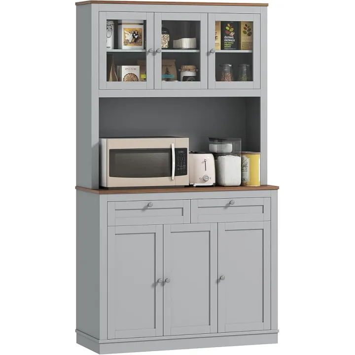 HOMCOM 71" Kitchen Pantry Cabinet, Freestanding Kitchen Hutch with Microwave Stand, 2 Drawers and Adjustable Shelves, Bar Cabinet with Glass and Recessed Doors for Dining Room, Gray