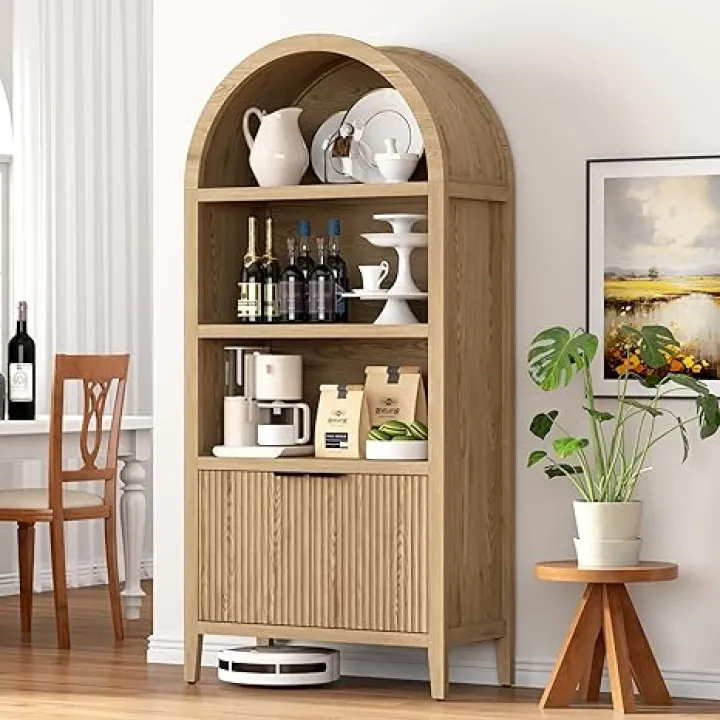 Yusong 71" Tall Arched Cabinet, 5-Tier Arched Bookshelf, Storage Display Cabinet with Doors and Shelves, Modern Farmhouse Bookcase Kitchen Pantry for Living Room Bedroom, Nature