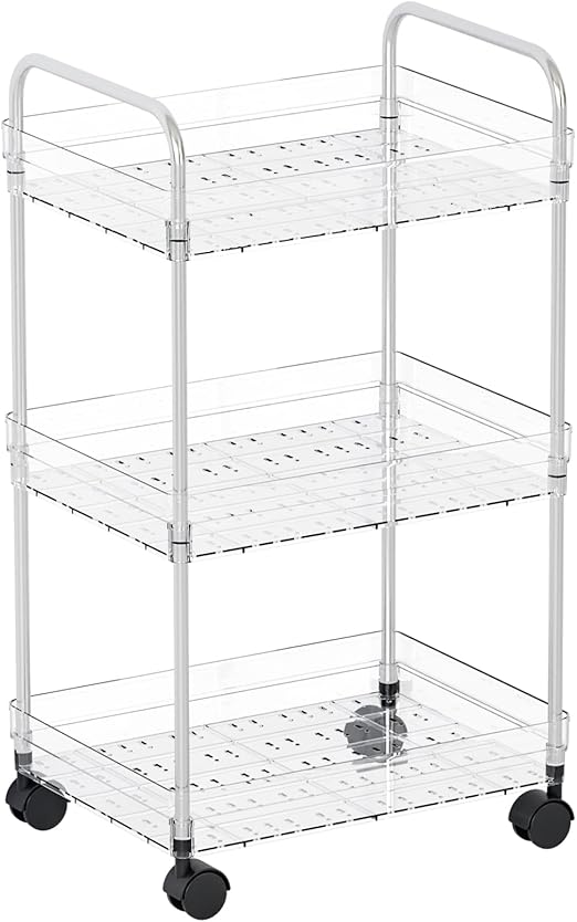 Modern Design 3 Tier Plastic Rolling Carts with Wheels,Clear Rolling Storage Cart on Wheels With Handle for Snack,Book,Rolling Utility Cart Organizer for Bedside,Nursery,Kitchen,Bathroom,Laundry Room