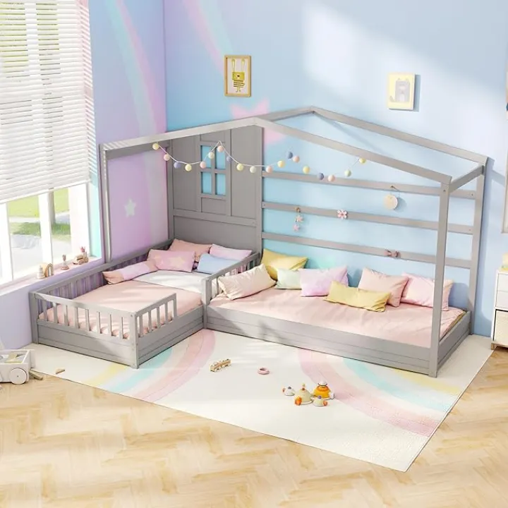 MAT EXPERT L Shaped Twin Beds for Kids Double, Wooden House Platform Bed w/Window & Roof, Fence & Slats, Corner Montessori Bed Frame for Boys Girls Teens, Dorm Bedroom, No Box Spring Needed (Gray)