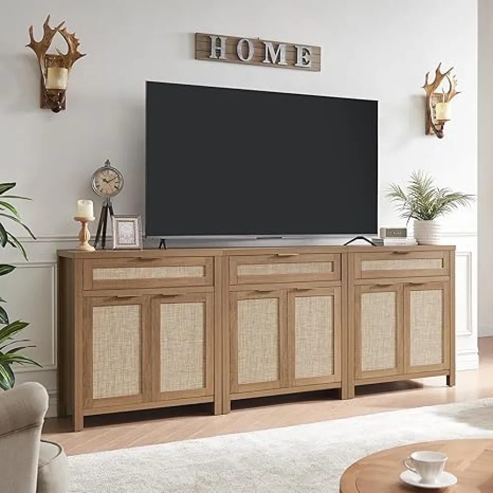 Rattan Sideboard Buffet Cabinet Set of 3, Boho Storage Cabinet with Adjustable Shelves, Farmhouse Credenza Coffee Bar Table with Doors & Drawer for Living Room, Hallway & Kitchen