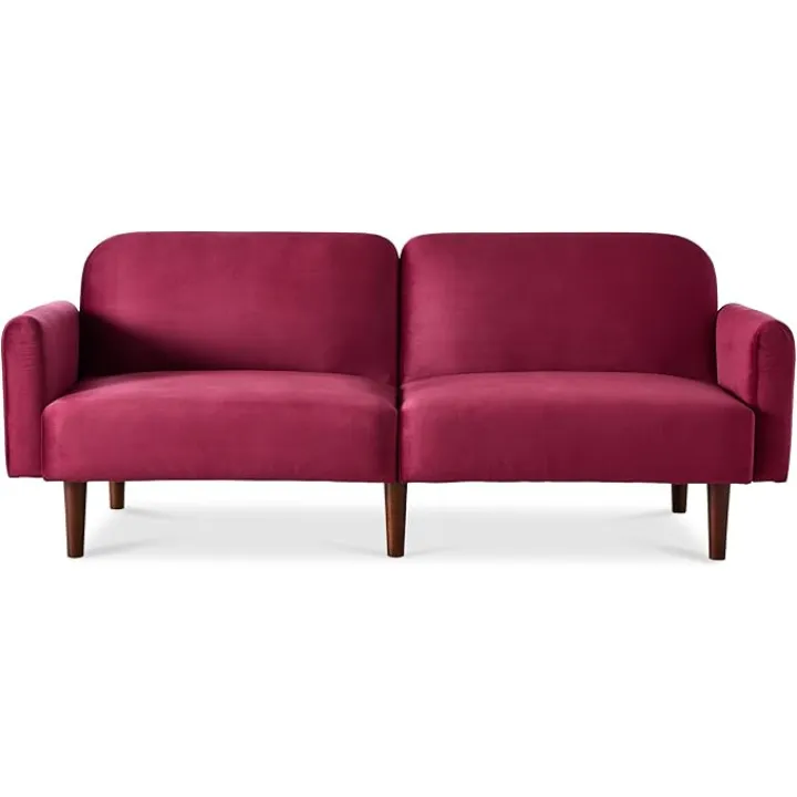 Best Choice Products 77" Mid Century Modern Velvet Loveseat Sofa, Couch, Convertible Sofa Sleeper Bed w/Real Wood, Removable Armrest - Raspberry