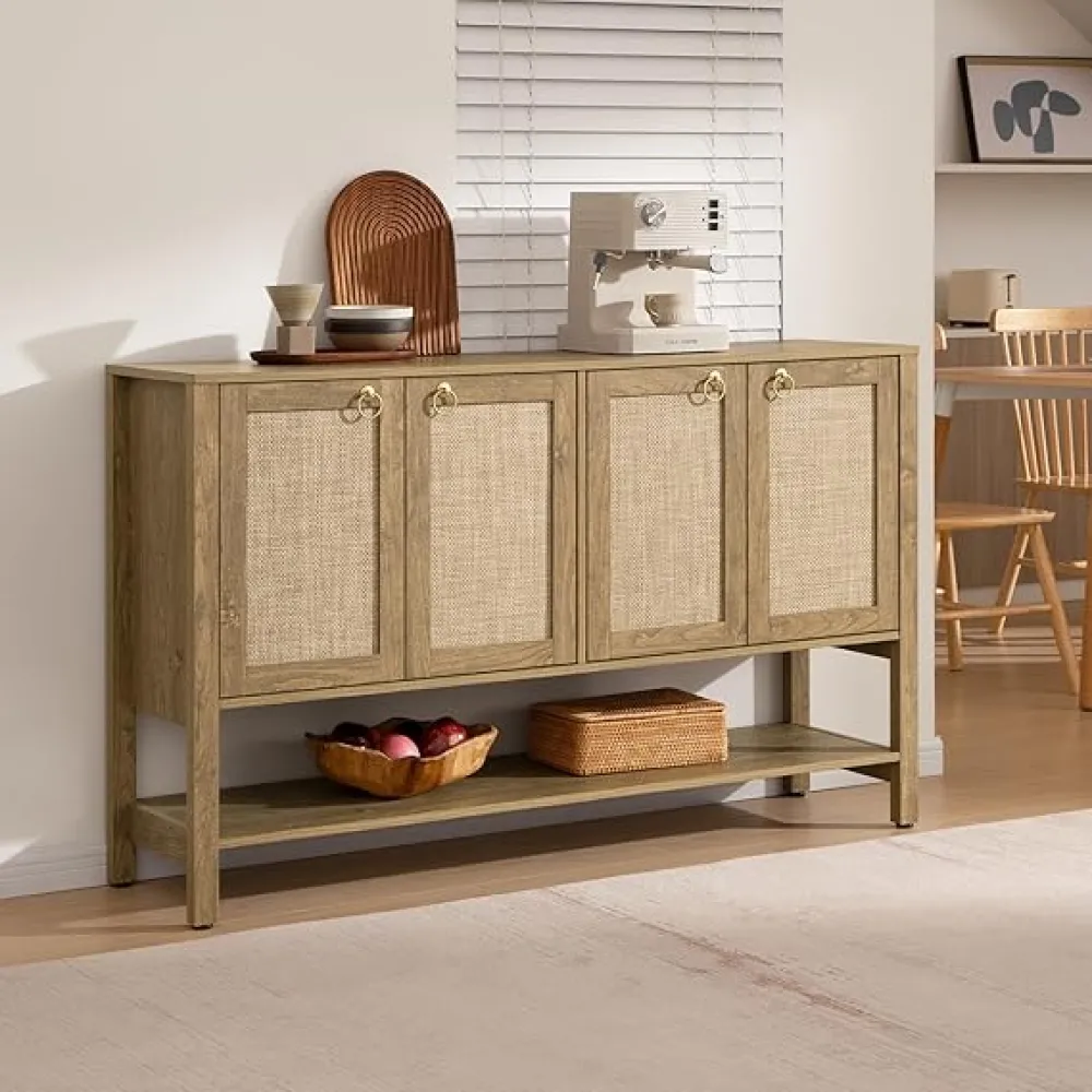 SICOTAS Rattan Sideboard Buffet Cabinet with Open Storage - Large Storage Cabinet with 4-Doors and Adjustable Shelves, Boho Credenza Coffee Bar Cabinets Buffet Table Console Table for Kitchen,Hallway