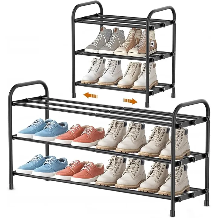 INSMART 3-Tier Expandable Shoe Rack, Stackable and Adjustable Shoes Organizer Storage Shelf, Sturdy and Durable Metal Structure Free Standing Shoe Rack for Closet Entryway Doorway