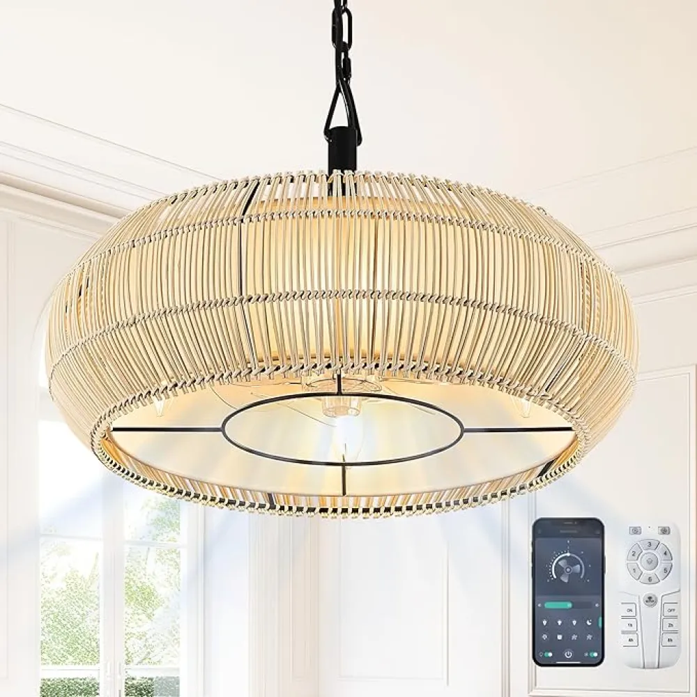 20" Rattan Caged Ceiling Fan Light with Fabric Shade Boho Hand Woven Fandelier Chandelier for Dining Room Bedroom, Smart App/FCC Remote Control, Reversible Fan Italian Design (Rattan)