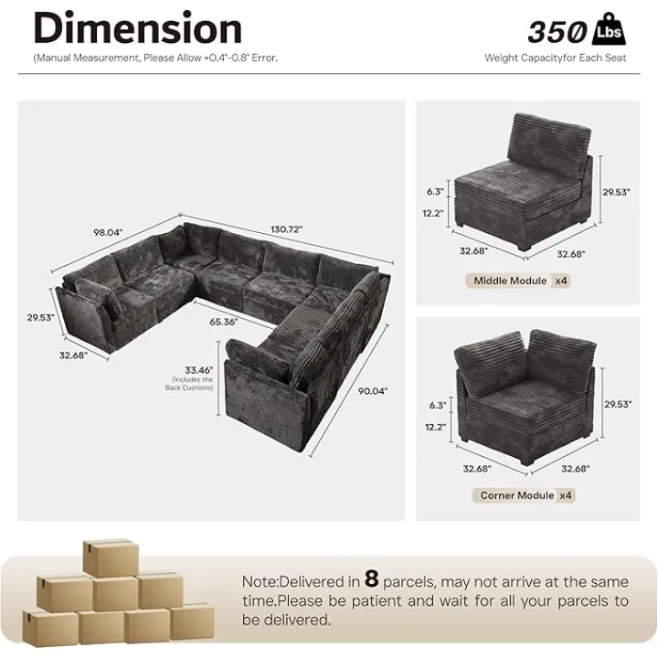 Oversized Modular Sectional Couch, Cloud Couches for Living Room,Deep Seat Upholstered Convertible Sleeper Sofa, L Shaped Couch with Reversible Chaise,Plush Corduroy, Grey