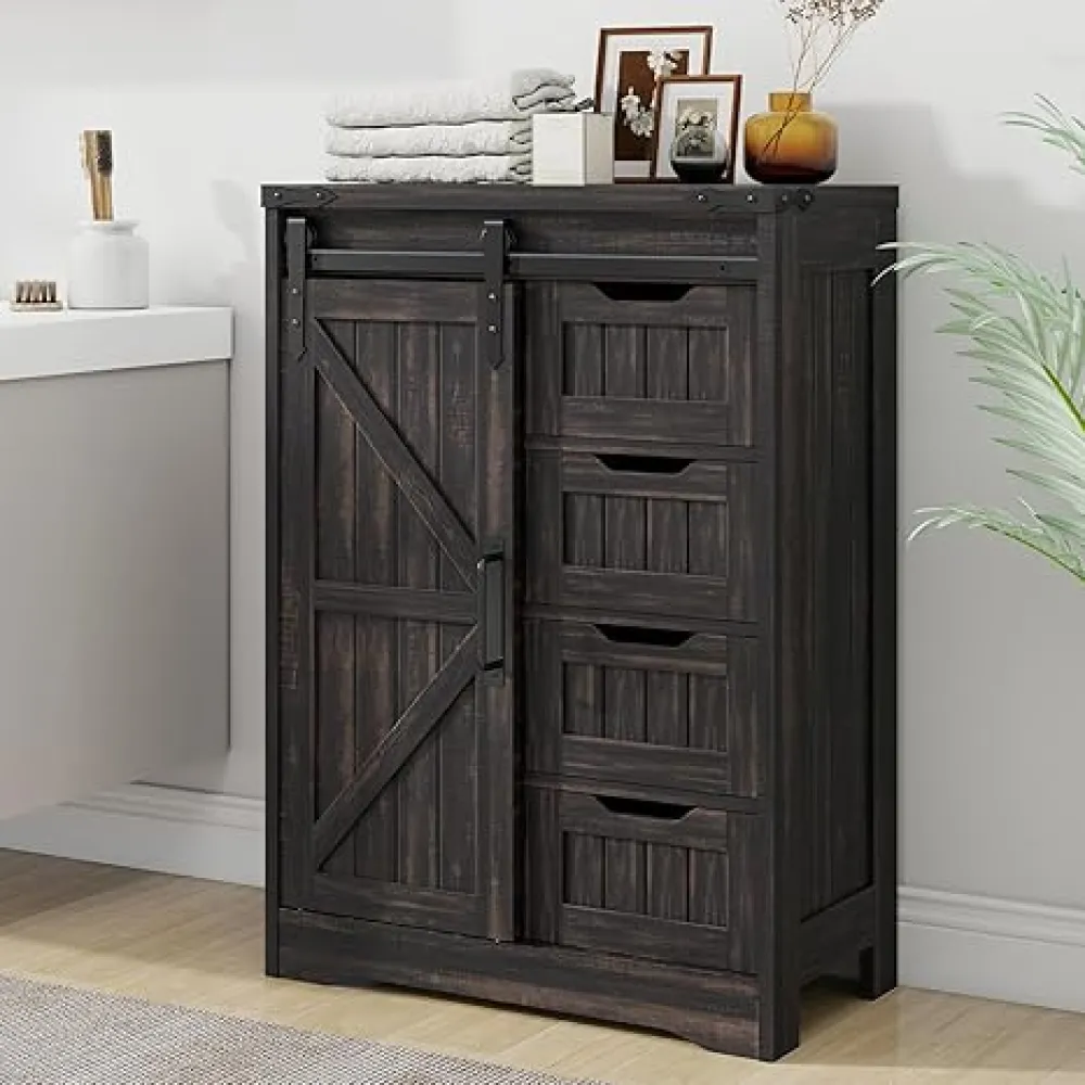 Farmhouse Bathroom Floor Storage Cabinet with 4 Drawers, Bathroom Cabinet with Sliding Door, Rustic Storage Organizer for Kitchen, Living Room, Rustic Style, Black Oak