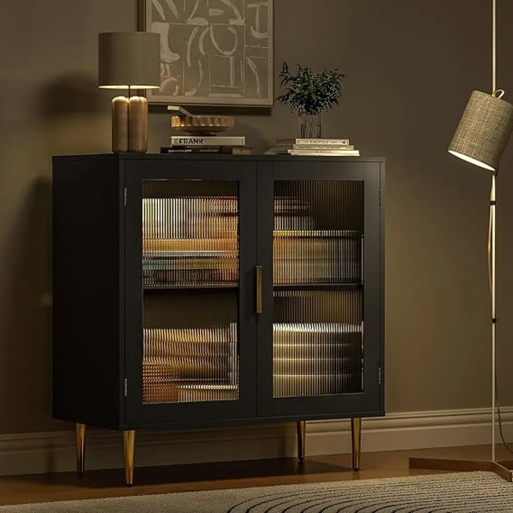 Buffet Cabinet with LED Lights, Sideboard Cabinet with 2 Doors Fluted Acrylic, 32" Modern Buffet with Adjustable Shelf, Coffee Bar for Living Room, Kitchen, White