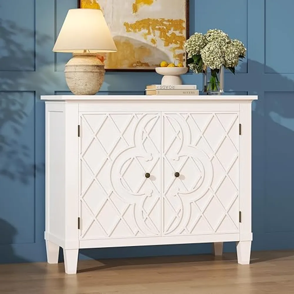 40" Entryway Cabinet, Coffee Bar Cabinet with Shelf, Craft Storage Cabinet with Doors, Charming Carved Motif, Pantry Cabinet Sideboard Buffet for Living Room Kitchen Dining Room Hallway, White