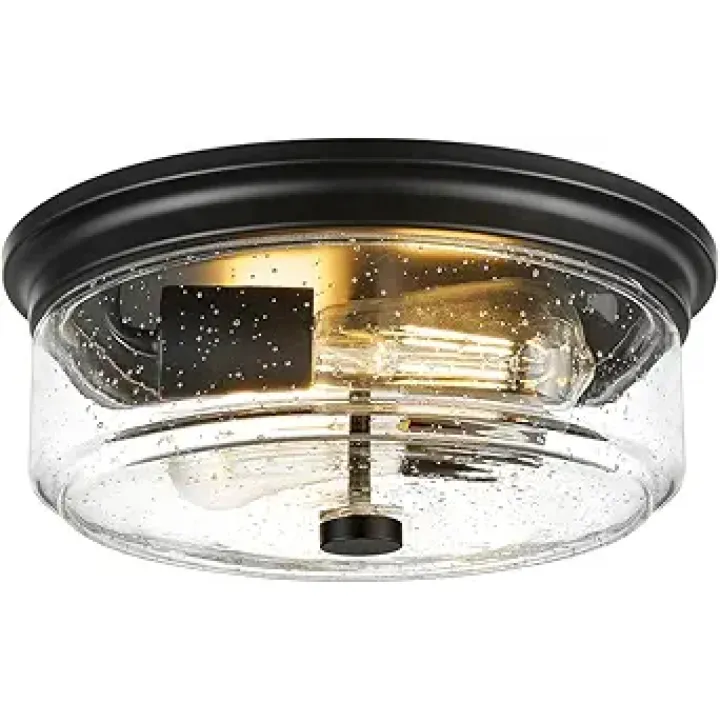 Black Flush Mount Ceiling Light Fixtures, Farmhouse 12 Inch Light Fixtures Ceiling Mount with Seeded Glass Lampshade, 2-Light Ceiling Light for Kitchen, Hallway, Bedroom, Entryway