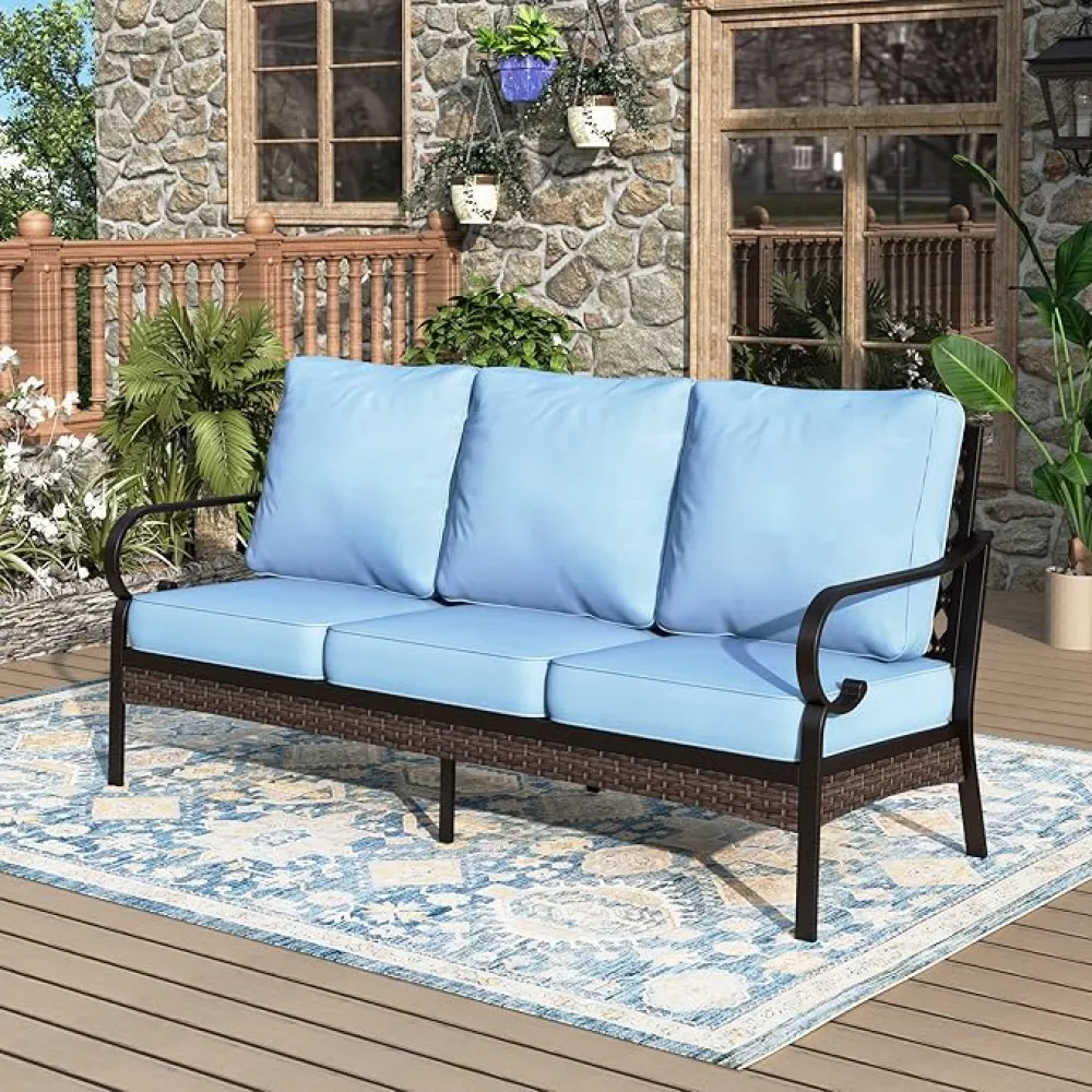Patio Furniture Sofa, 3-Seat Patio Sofa Steel Frame Outdoor Sectional Couch with Deep Seating and 5.75” Cushions for Lawn Backyard Porch Deck, Blue