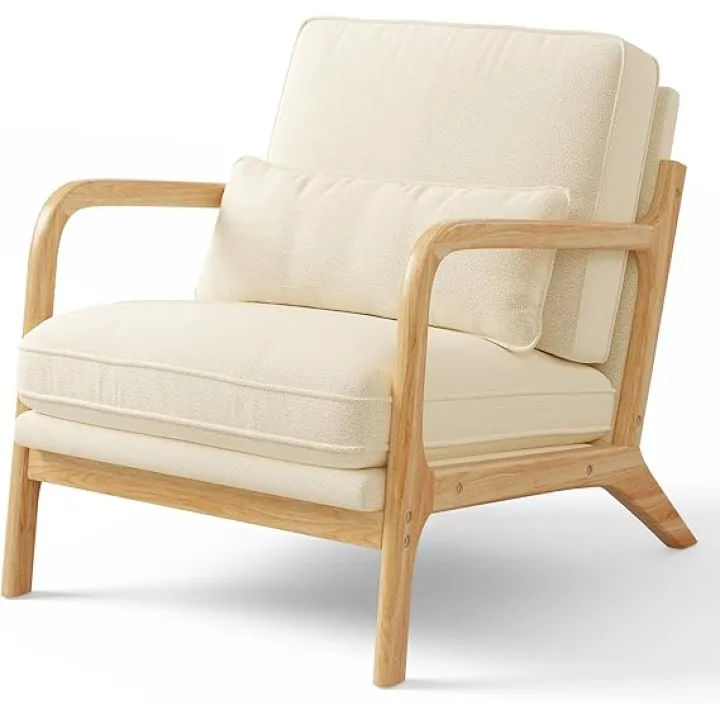 Ahomly Accent Chair Bedroom Chair with Lumbar Pillow Arm Chair with Solid Wood Frame, Soft and Thick Cushion for Living Room, Bedroom, Reading Room, Sunroom, Balcony, Reception Room, Linen Beige