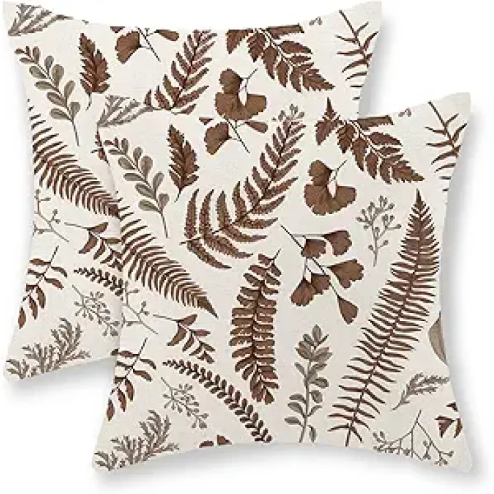 Brown Leaf Plant Pillow Covers 18x18 Set of 2 Spring Tropical Fern Herbs Botanical Decorative Pillowcase Vintage Leaves Floral Cushion Cover Farmhouse Decor Outdoor Throw Pillows for Couch