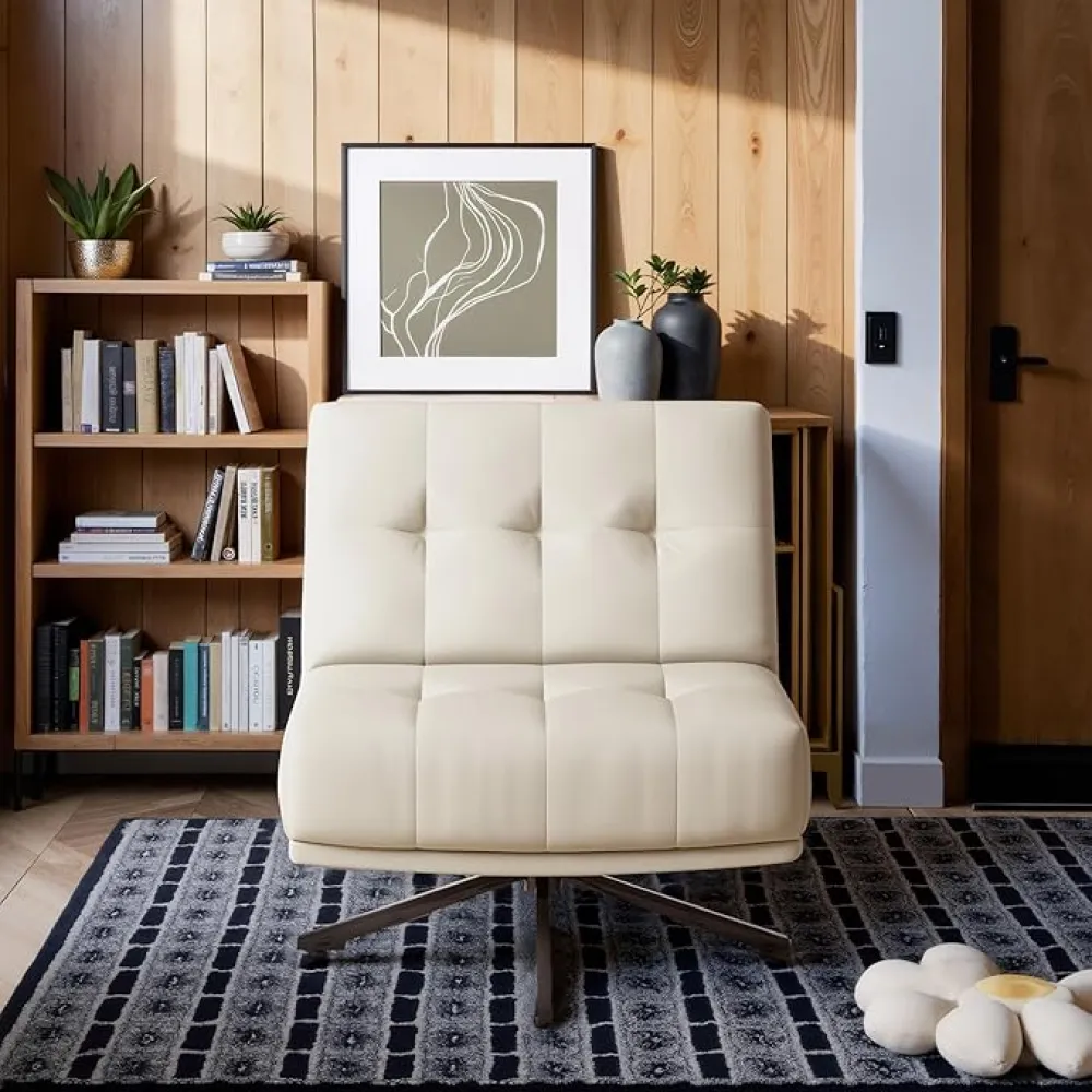 Cream White Mid Century Modern Home Swivel Chair with Metal Legs No Wheels，Leather Chairs with Upholstered， Sofa Chair for Living Room Lounge,Cream White (27.55“)