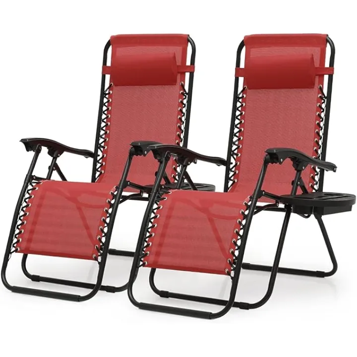 Zero Gravity Chairs, Portable Folding Reclining Lounge Chairs with Adjustable Pillow and Cup Holder Trays for Outdoor, Patio, Beach, Camping, Garden, Poolside, Set of 2 Wine Red