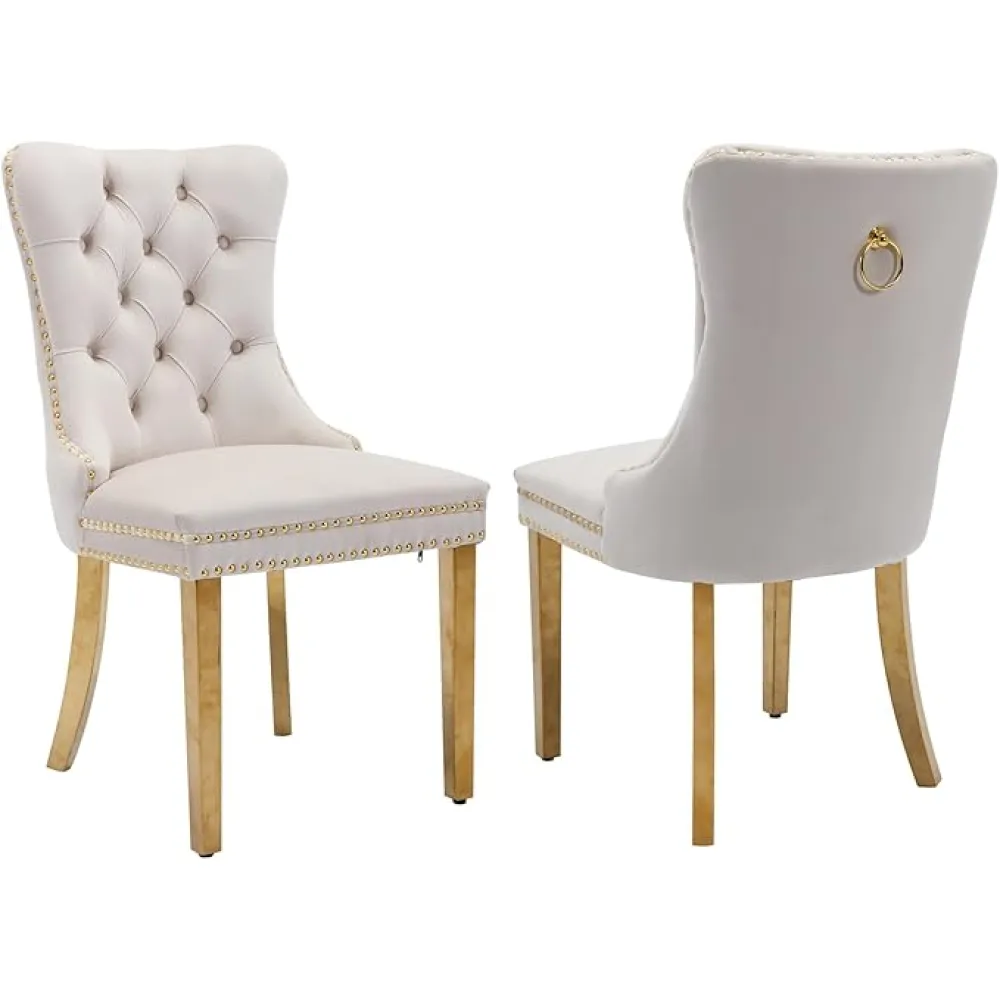 Dining Chairs Set of 2 Velvet Upholstered Tufted Back with Nailhead Trim and Back Ring Pull Decoration, Golden Stainless Steel Legs for Kitchen Bedroom Dining Room (Beige and Gold)