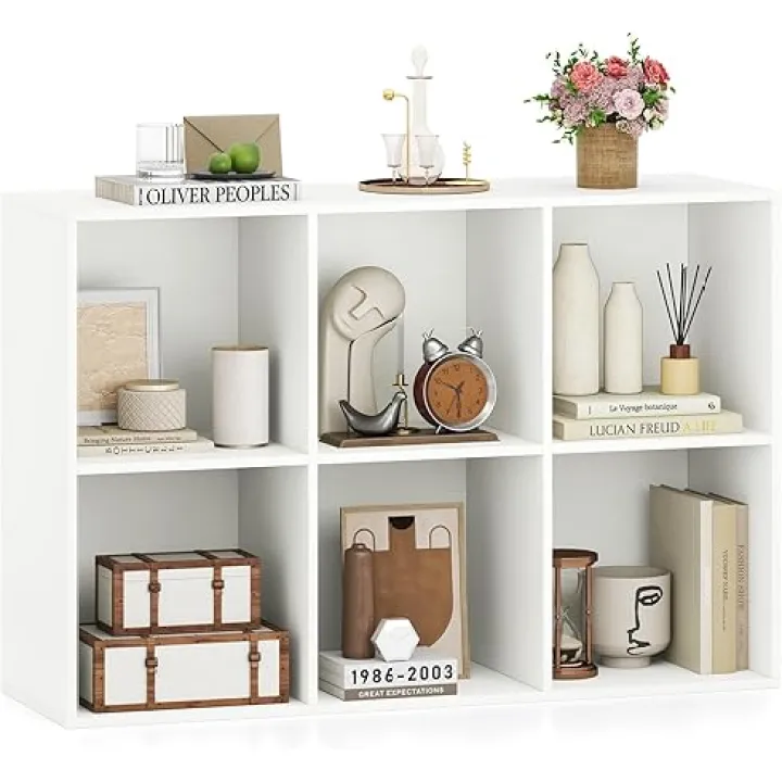 Tangkula 6-Cube Bookcase, Modern Freestanding 3-Tier Bookshelf Horizontal or Vertical Storage Shelf w/Anti-toppling Kit, Home Office Display Storage Shelf for Study, Living Room (White)