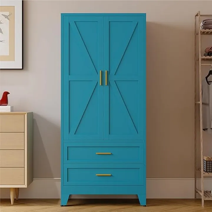 61''H Blue Farmhouse Metal Pantry Cabinet with Doors and 3 Adjustable Shelves,Metal Storage Cabinet,Kitchen Storage Cabinets,4-Tier Locker for Cupboard/Kitchen/Dining/Living/Office