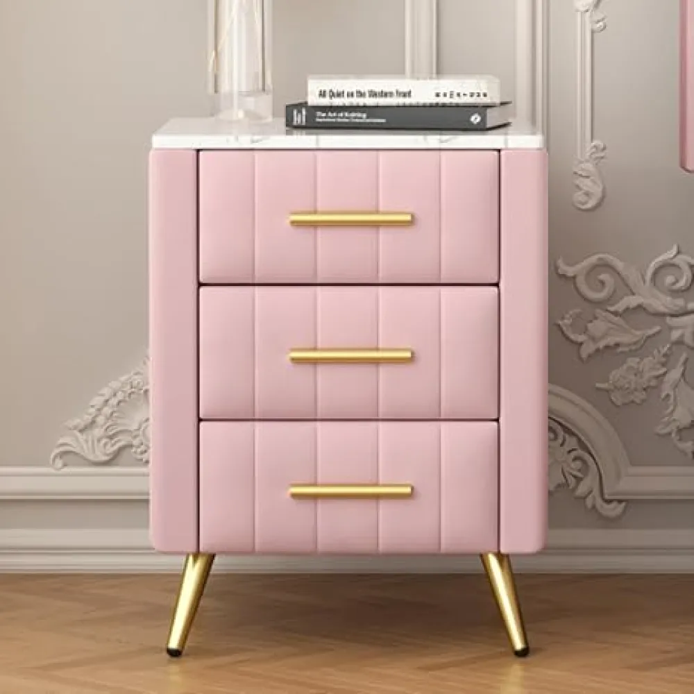 Stylish Velvet Upholstered Wooden Nightstand with 3 Drawers and Metal Legs&Handles, Modern Bedside Table with Marbling Stickers Worktop - Pink