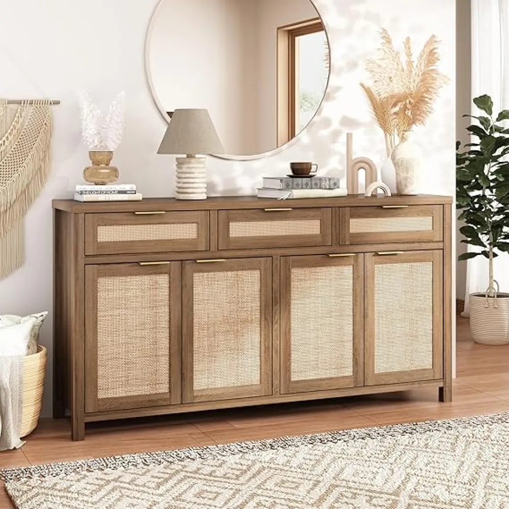 Sideboard Buffet Cabinet with Storage - 63" Rattan Boho Console Cabinets with Drawers, Mid Century Coffee Bar Cabinet for Entryway Living Room, Caramel Oak, Four Doors