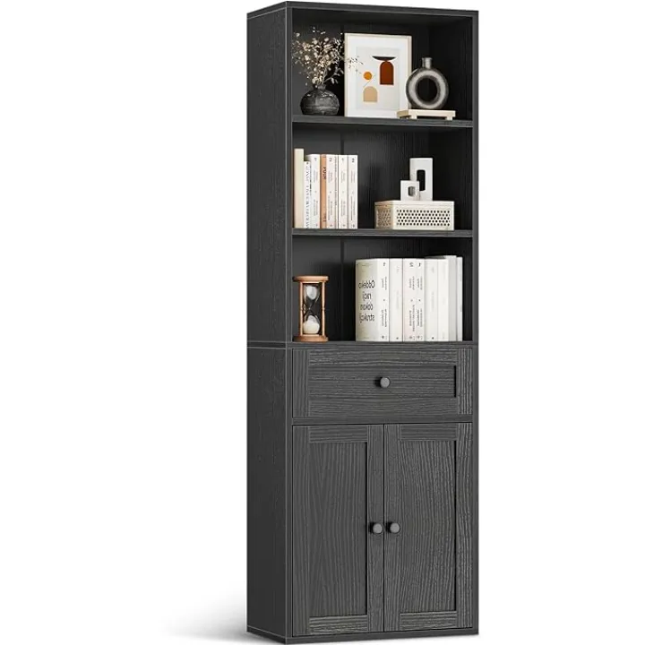 Casaottima Bookshelf and Bookcase with Doors and Drawer, Floor Standing 6-Tier Shelf Display Storage Shelves, Tall Bookcases for Home Office, Living Room, Black