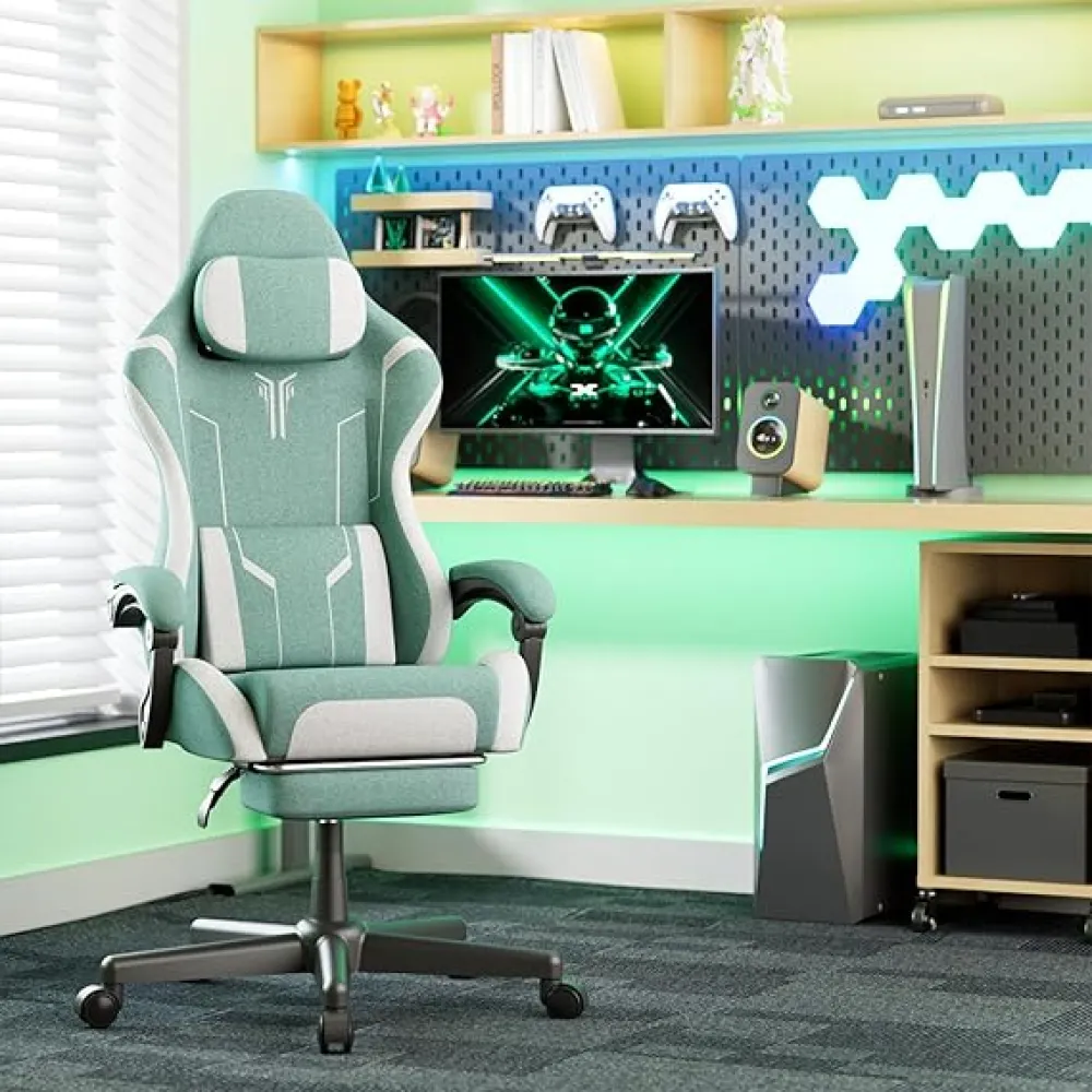 Soontrans Gaming Chair Green, Cloth Fabric Ergonomic Computer Chair with Massage Lumbar Support, High Back Office Game Chair with Footrest and Linkage Armrest for Adult