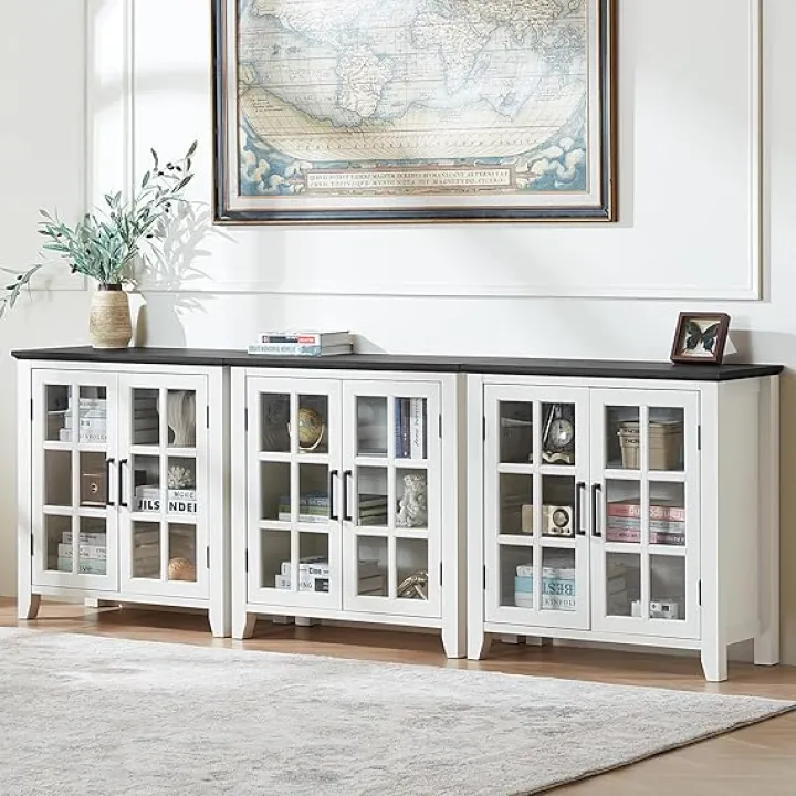 Large Sideboard Buffet Cabinet with Storage, 32" Farmhouse White Kitchen Coffee Wine Bar Cabinet with 2 Glass Doors, Wood Mid Century Modern Side Board Table for Dining Room, Living Room (2PCS)