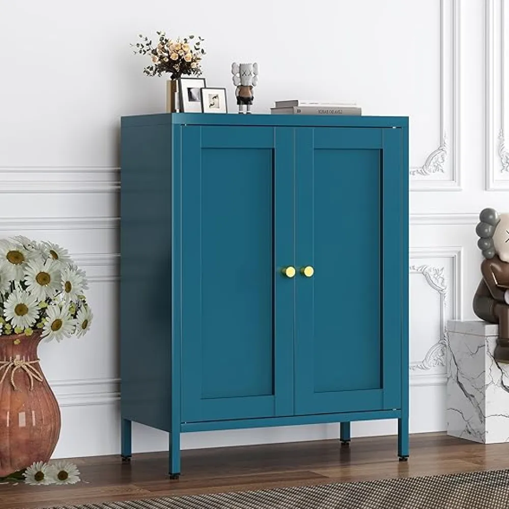 Blue Metal Storage Cabinet with 2 Doors - (25H) TV Stand with Storage, 2 Tier Locker with Adjustable Shelves, Pantry Cabinet, Multipurpose TV Cabinet for Office, Home, Living Room, Kitchen