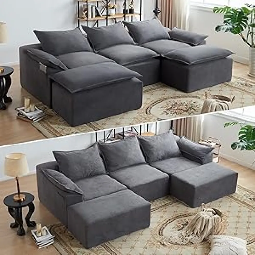 Vamcheer U Shaped Cloud Couch, Utra Soft Sectional Couch with 2 Movable Ottoman, Deep Seat Modular Sofa for Living Room, Bedroom, Office, No Assembly Required, Grey