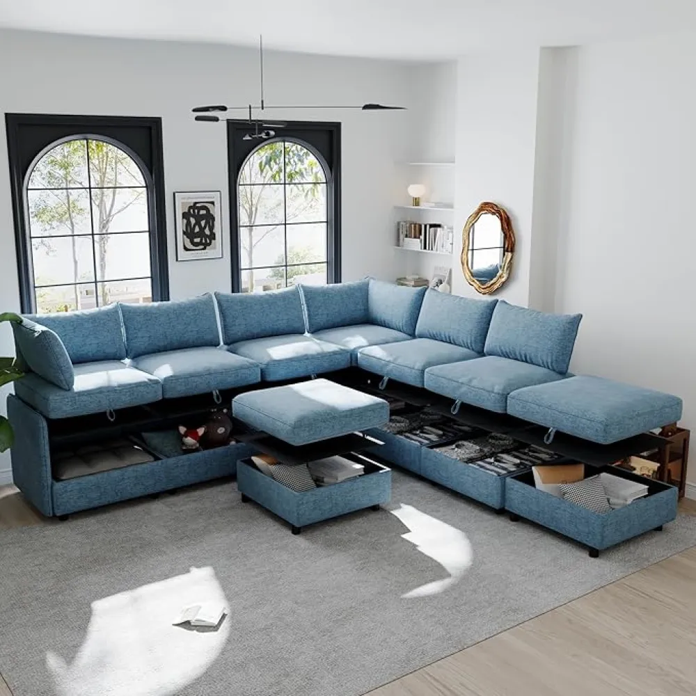 DIY Combination Modular Sectional Sofa with Storage Seat - 192" Chenille Upholstered Oversized Convertible U / L Shaped Sleeper Couch with Reversible Chaise and Ottomans for Living Room Apartment