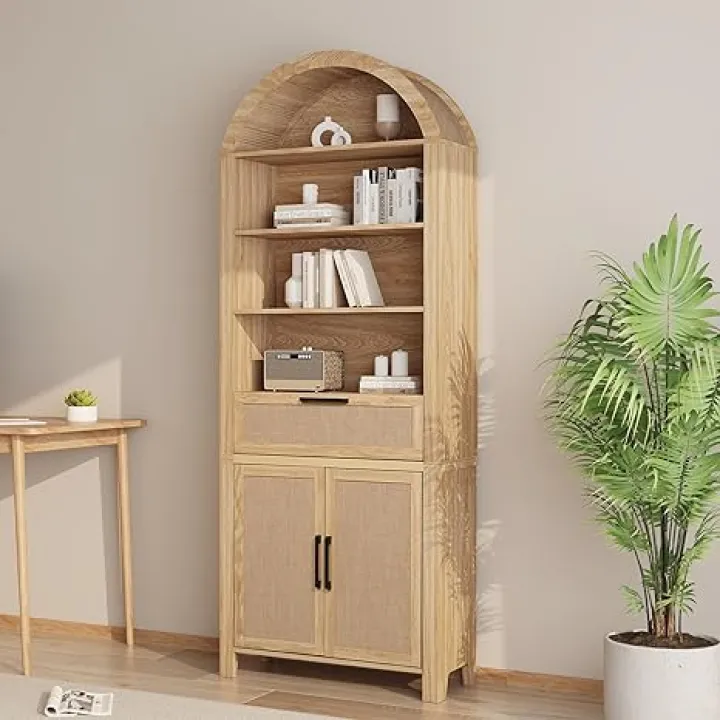 79" Tall Arched Bookcase with Storage, Mid Century Modern 6-Tier Cabinet with Door and Drawer, Arched Bookshelf with Open Display Shelf for Office Living Room (Natural, 79inch-Doors)