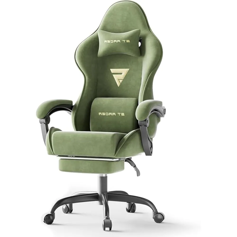 Ferghana Velvet Fabric Ergonomic Gaming Chair with Footrest and Massage, Reclining Computer Gamer Chair for Adult and Teens, Racing Style PC Home Office Video Game Chair (Green)