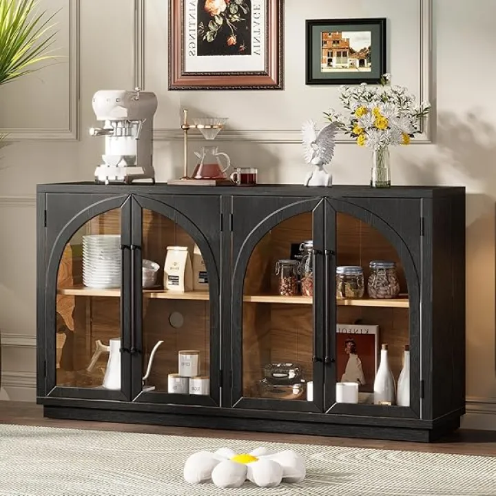 SOFTSEA 60" Buffet Cabinet with Metal Handles, Farmhouse Glass Arch 4-Door Wood Sideboard with Adjustable Shelves for Living Room, Kitchen, Black