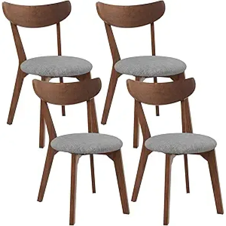 COSTWAY Dining Chairs Set of 4, Mid-Century Modern Kitchen & Dining Chairs with Curved Back and Cushioned Seat, Walnut Finished Wood Living Room Side Chairs for Kitchen, Dining Room, Bistro
