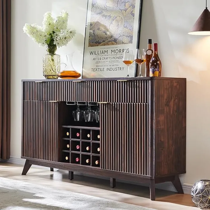 OKD Fluted Wine Bar Cabinet for Liquor, 60" Modern Coffee Bar Cabinet w/Wine & Glass Rack, Large Buffet Sideboard w/ 3 Storage Drawers & Adjustable Shelves for Home, Dining Room, Kitchen, Walnut