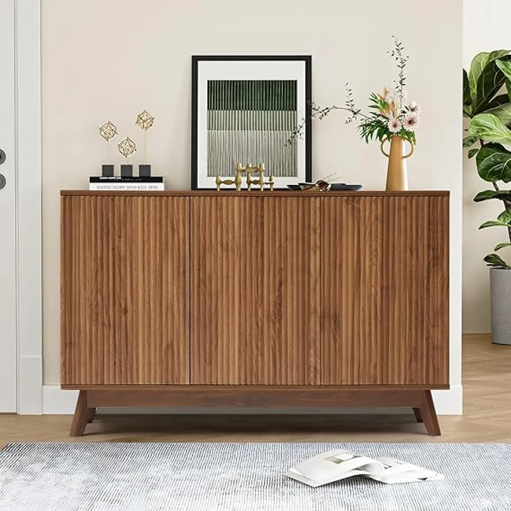 Walnut Sideboard Cabinet, Mid Century Farmhouse Fluted Credenza Sideboard Long Buffet Cabinet with Storage for Kitchen, Dining Room Coffee Buffet, Office, Living Room TV, Entryway, Hallway - 3 Doors
