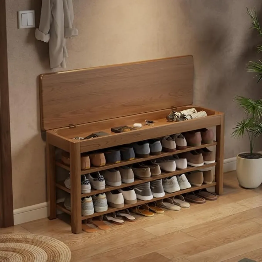 3 Tier Shoe Bench with Storage, Wood Shoe Rack for Front Door Entrance, Entryway Shoe Storage Bench.