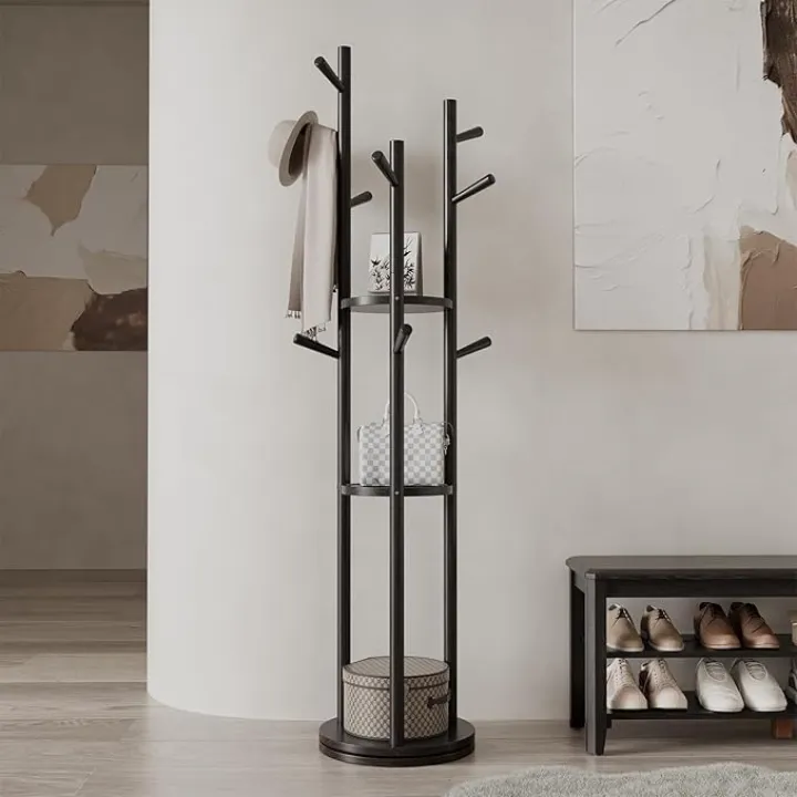 Solid Wood Rotary Coat Rack, Freestanding Coat Rack with 3 Shelves and 9 Hooks, Coat tree for Bedroom, Entryway, Livingroom, Coat Hanger Stand for Coats, Scarves, Handbags (Black)