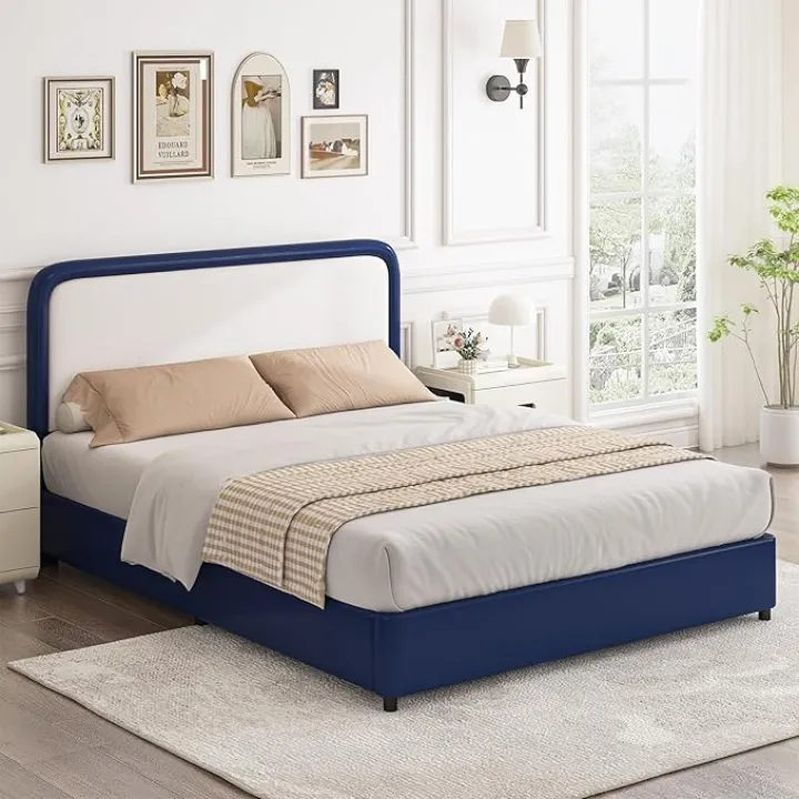 Queen Bed Frame with Headboard, Bed Frame Queen Size with Wood Slats Support, No Box Spring Needed, Easy Assembly, Blue