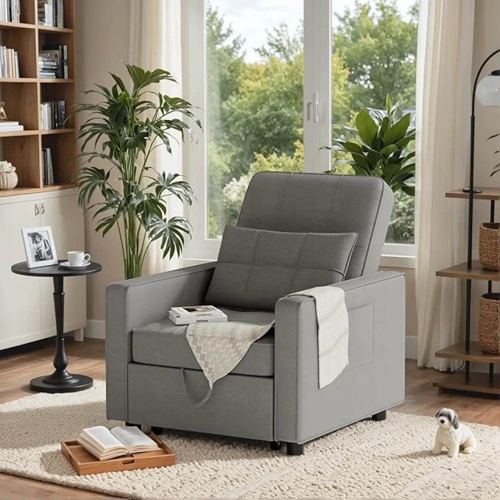 JUMMICO Sleeper Chair, 3-in-1 Convertible Sleeper Sofa Bed for Adults, Linen Fabric Pull Out Chair Bed with Adjustable Backrest, Couches for Living Room, Apartment, Office, Small Space (Light Gray)